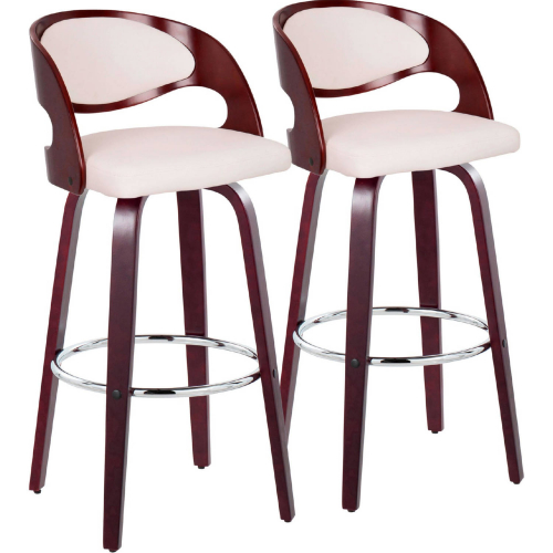 Pino 30" Swivel Bar Stool in Cherry Wood & White Leatherette with Chrome Footrest (Set of 2)
